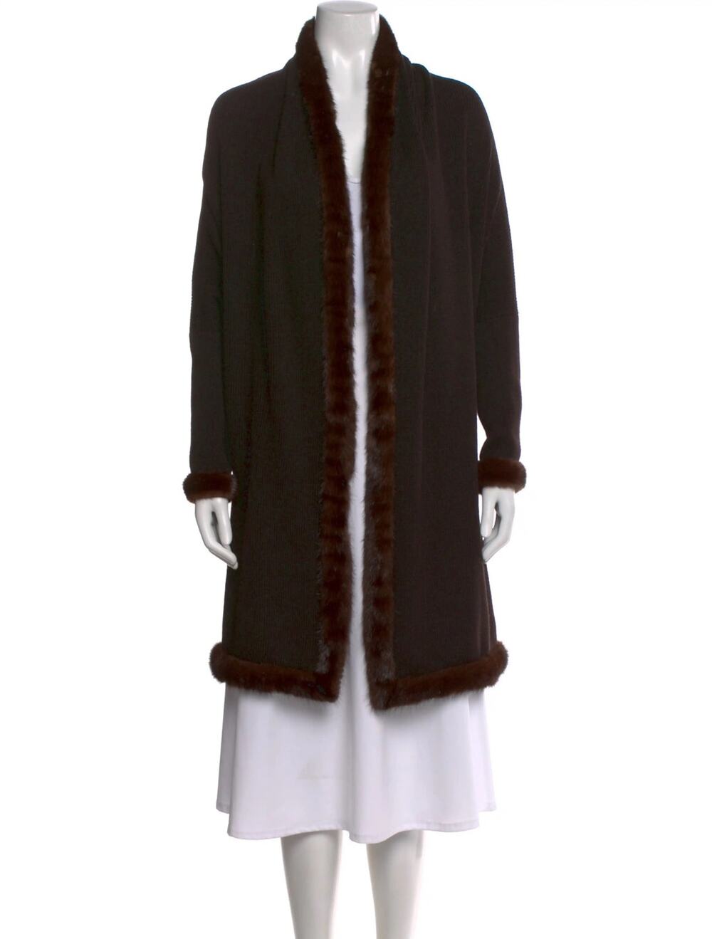 Zang Toi Fur Trim Open Front Wrap Duster Sweater Topper Quiet Luxury Glam